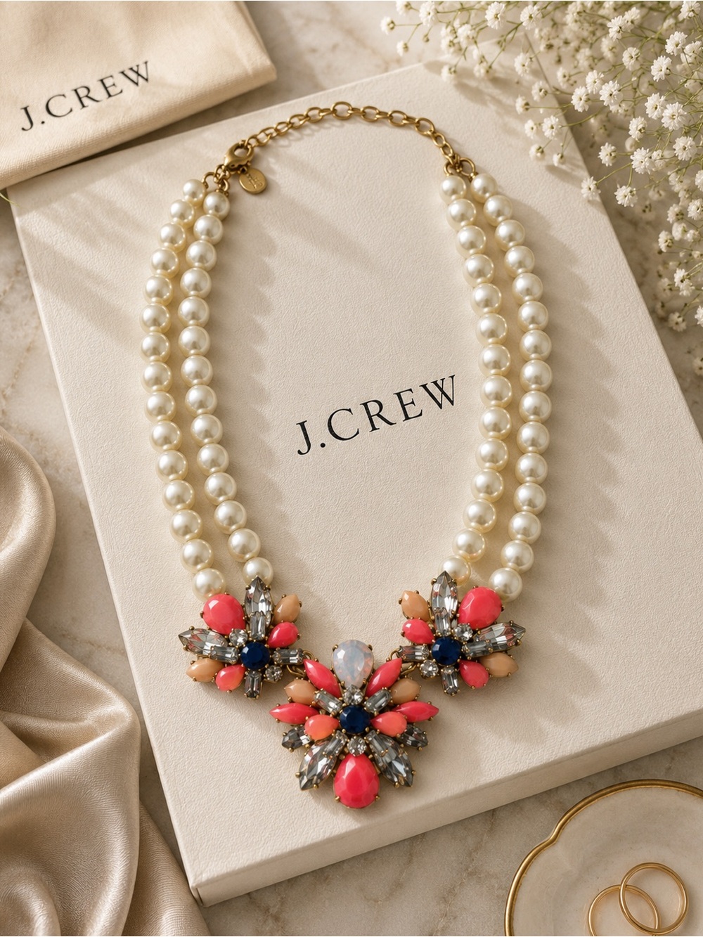 J. Crew Double-Strand Pearl Necklace with Coral and Navy Crystal Floral Cluster